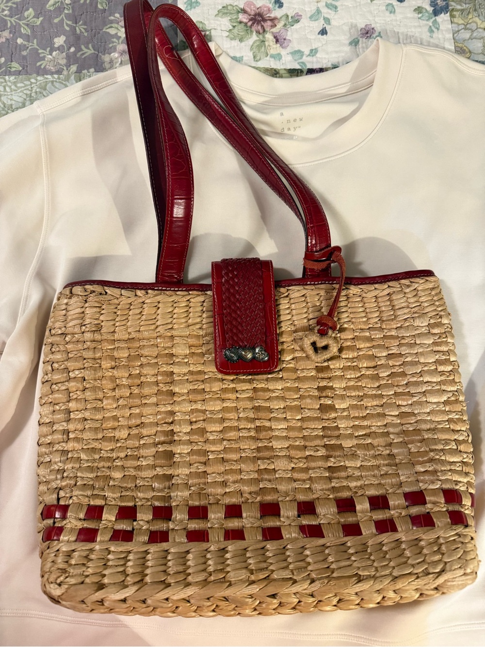 Brighton Natural Straw Tote with Red Leather Trim size 15x10